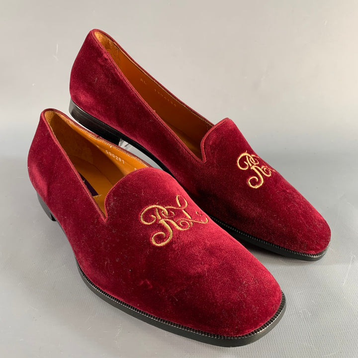 RALPH LAUREN Size 9.5 Burgundy Velvet Monogram Slip On Flats