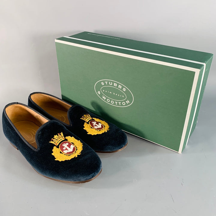 STUBBS & WOOTTON Size 10.5 Royal Anchor Navy Gold Embroidery Velvet Loafers