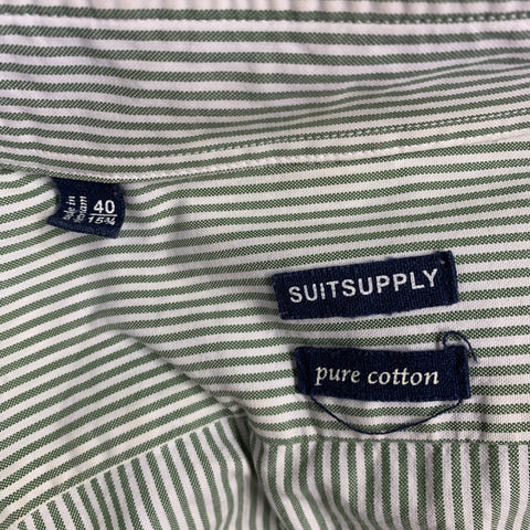 SUIT SUPPLY Size 40 Green White Stripe Cotton Spread Collar Long Sleeve Shirt