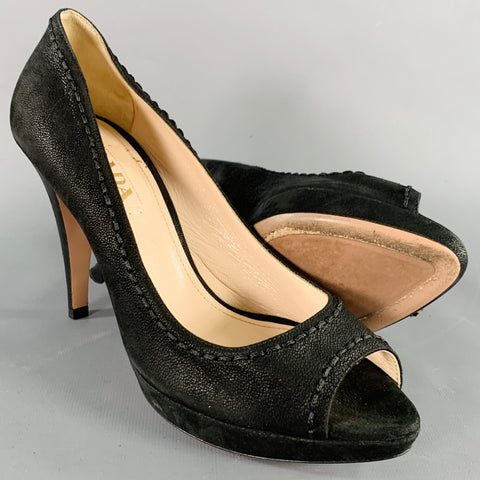 PRADA Size 8 Black Leather Peep Toe Pumps