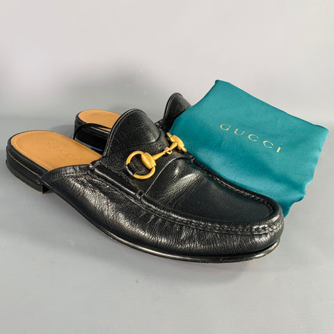 GUCCI Size 7.5 Black Gold Leather Horsebit Slip On Loafers