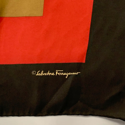 SALVATORE FERRAGAMO Black Multi Color Squares Print Silk Scarf Shawl
