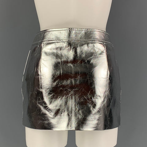 SAINT LAURENT 2022 Size 4 Silver Leather High Waist Mini Skirt