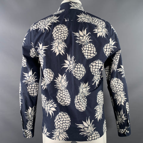 VALENTINO Size M Navy White Pineapple Print Cotton Button Up Long Sleeve Shirt
