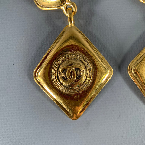 CHANEL Gold Tone Quilted Logo Clip-On Earrings