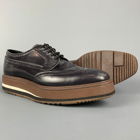 PRADA Size 10.5 Black & Brown Perforated Leather Platform Lace Up Shoes