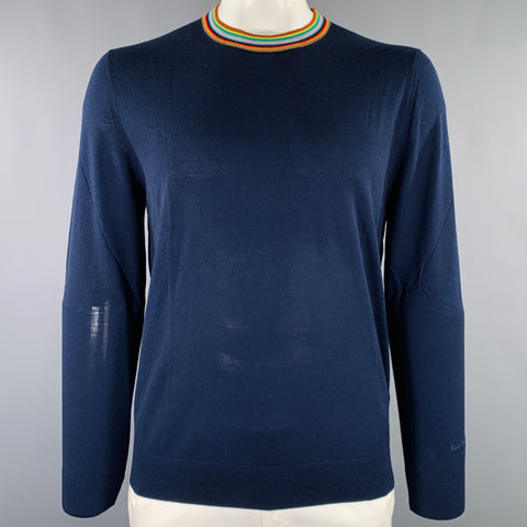 PAUL SMITH Size L Navy Multi Color Merino Wool Contrast Trim Pullover