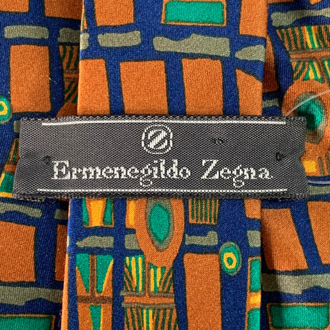 ERMENEGILDO ZEGNA Brown Green Blue Abstract Squares Silk Tie