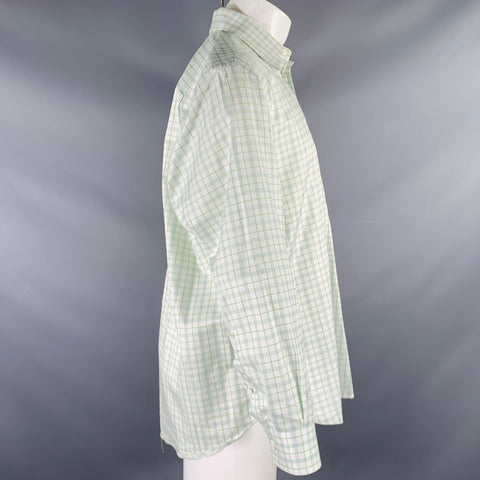 BRIONI Size M White Green Plaid Cotton Button Up Long Sleeve Shirt