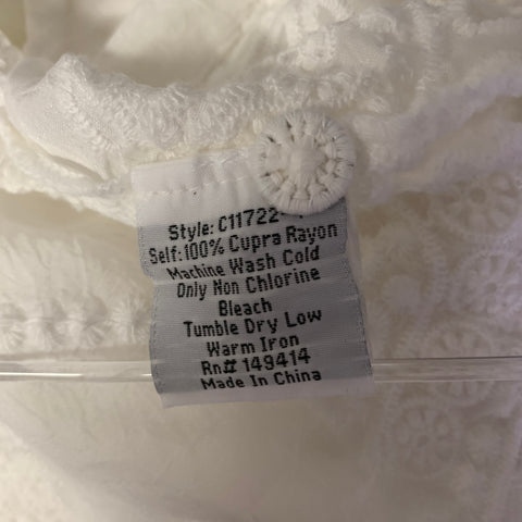 JOHNNY WAS Chemise à manches courtes en rayonne blanche, col cubain, motif napperon, taille XL