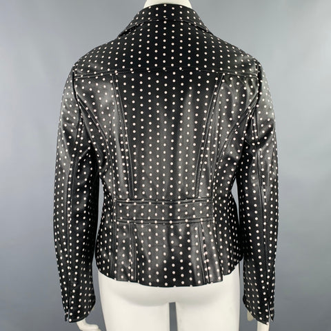 AKRIS Size 14 Black White Leather Polka Dot Lambskin Biker Jacket
