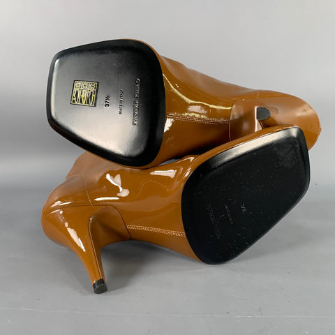 PHOEBE PHILO Size 7.5 Camel Patent Leather Square Toe Ankle Boots