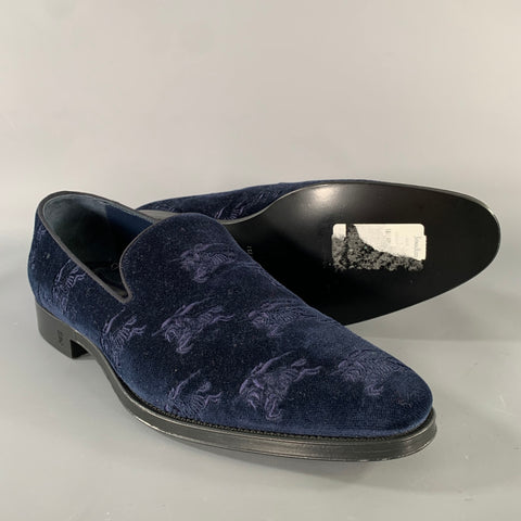 BURBERRY Size 9.5 Navy Monogram Velvet Slip On Loafers