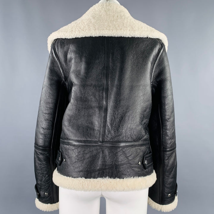 HELMUT LANG Size XS Black Cream Lambskin Leather Shearling Bomber Jacket