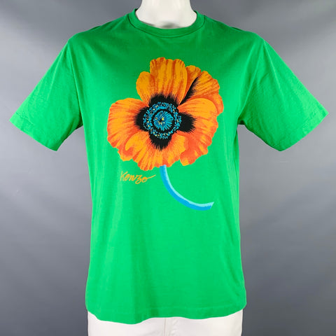 KENZO Size L Green Orange Poppy Graphic Cotton Crew Neck T-shirt