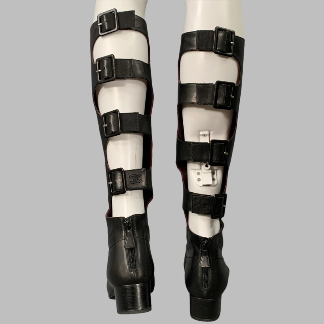 CHANEL Size 6.5 Black Leather Knee High Buckles Boots