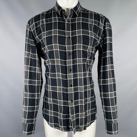 SAINT LAURENT Size M Grey Black White Plaid Tencel Viscose Long Sleeve Shirt