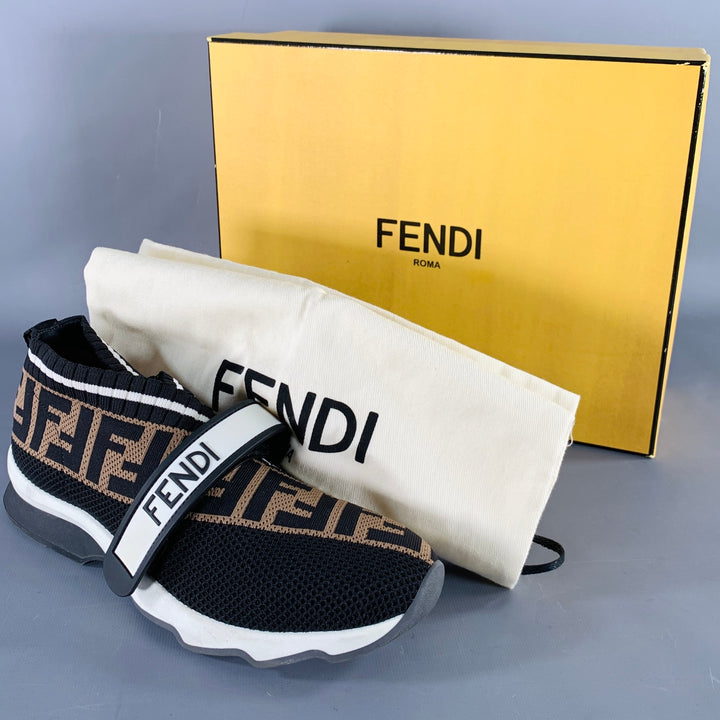 FENDI Size 8 Rockoko Black Brown Jacquard Monogram Slip On Sneakers