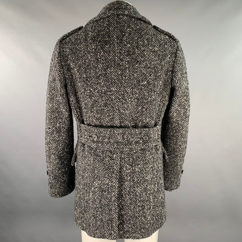 WOOSTER + LARDINI Size 36 Black Grey White Herringbone Wool Peacoat Coat