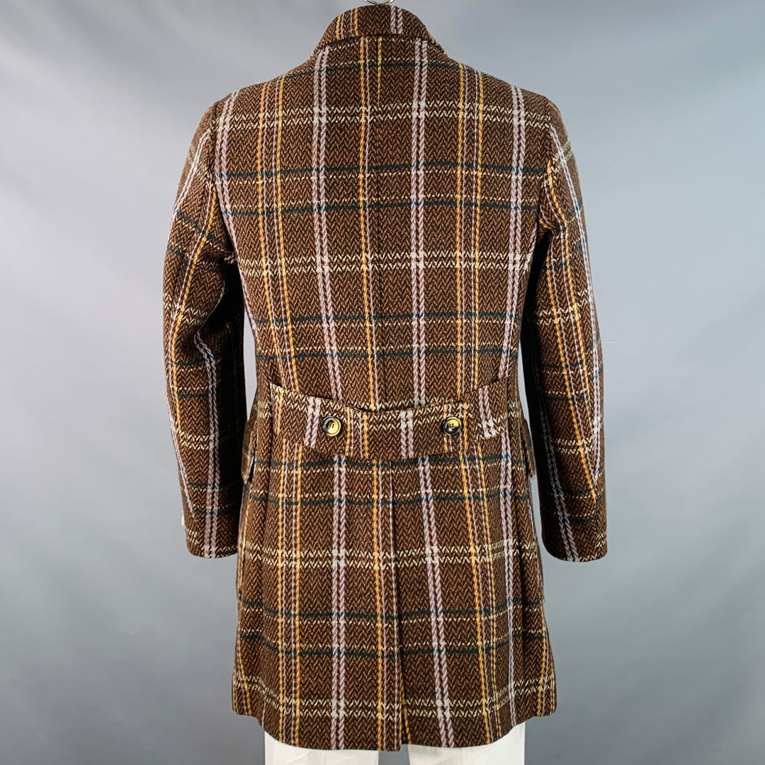 TAKESHY KUROSAWA Size 44 Brown Multi Color Plaid Double Breasted Peak Lapel Coat