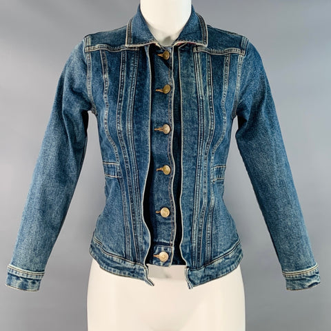 BURBERRY Size 2 Blue Cotton Blend Denim Plaid Trim Button Up Jacket