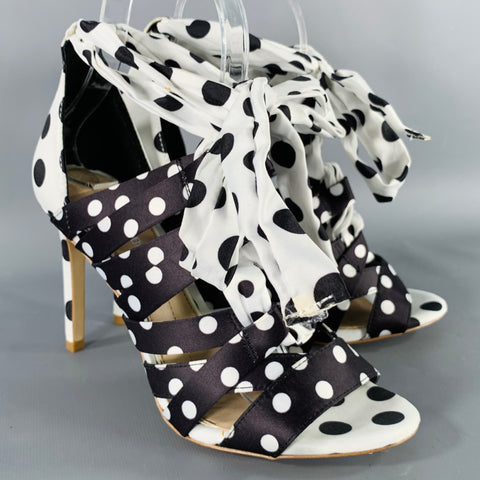 GIANNI BINI Size 6.5 Black White Satin Polka Dot Strappy Sandals