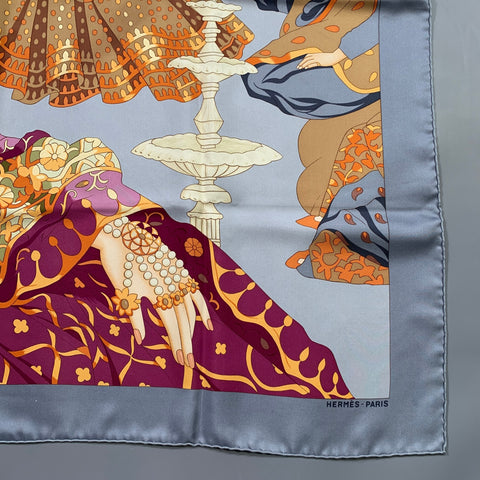 HERMES Grey Multi-Color Print Silk Scarves
