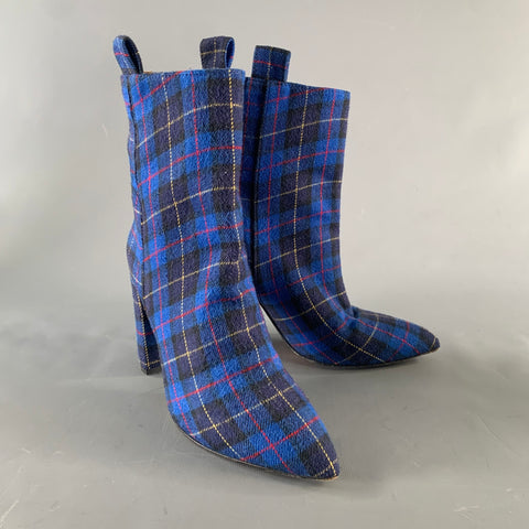 PARIS TEXAS Size 7 Blue Black & Red Wool Plaid Leather Trim Pull On Boots