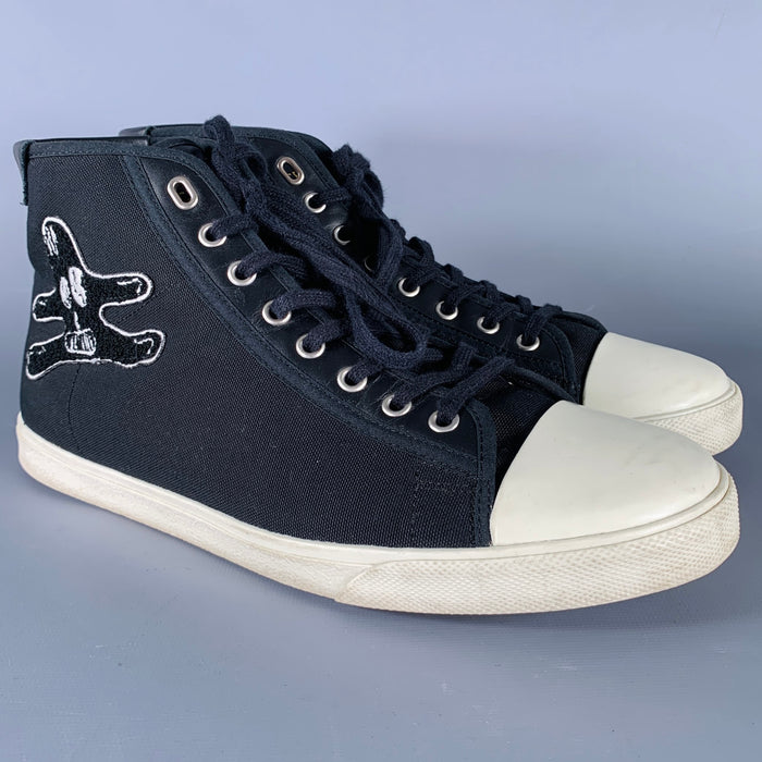 CELINE Size 10 Black White Applique Canvas High Top Sneakers