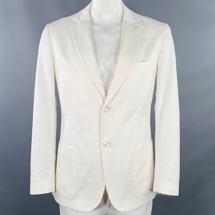 BRIONI Size L White Woven Cotton Blend Notch Lapel Jacket