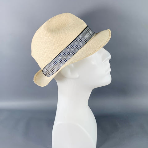 BORSALINO x PORK PIE HATTERS Cream Blue Woven Straw Fedora Hat
