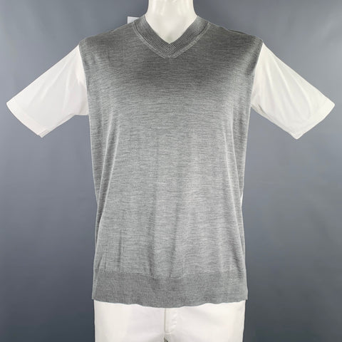 JUNYA WATANABE 2019 Size L White Grey Mixed Materials Silk Cotton V-Neck T-shirt