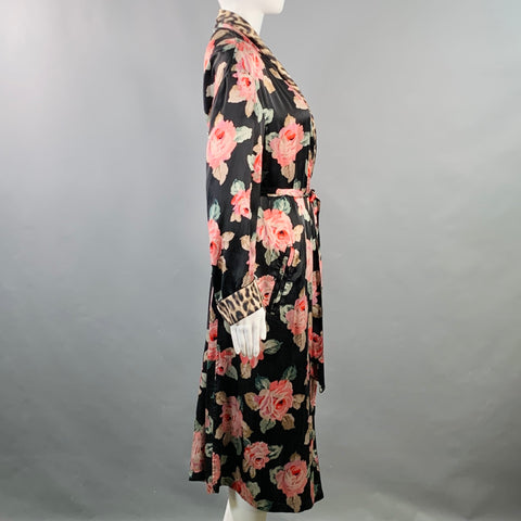 R13 Size XS Black Multi Color Silk Floral Shawl Collar Smoking Robe