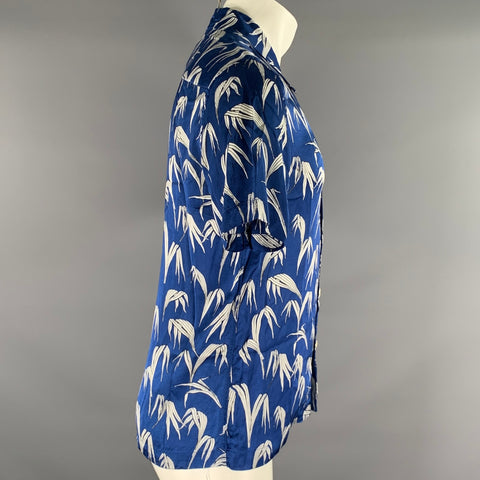 SANDRO Size L Blue White Leaves Rayon Camp Short Sleeve Shirt