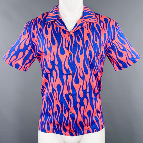 DOUBLE RAINBOUU Size S Orange Blue Flames Cotton One Pocket Short Sleeve Shirt