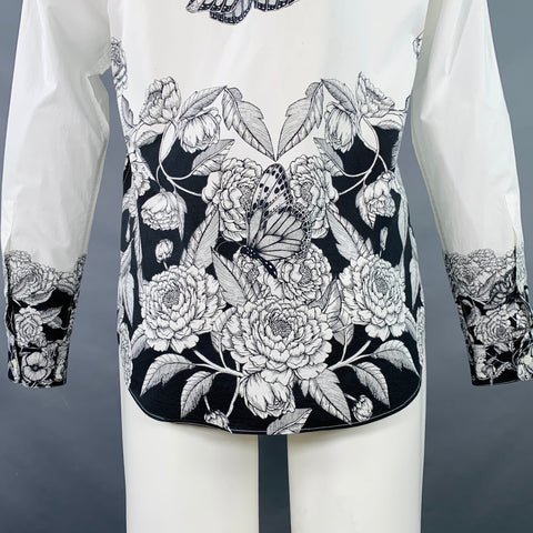 VALENTINO 2021 Size M White Black Floral Cotton Button Up Long Sleeve Shirt