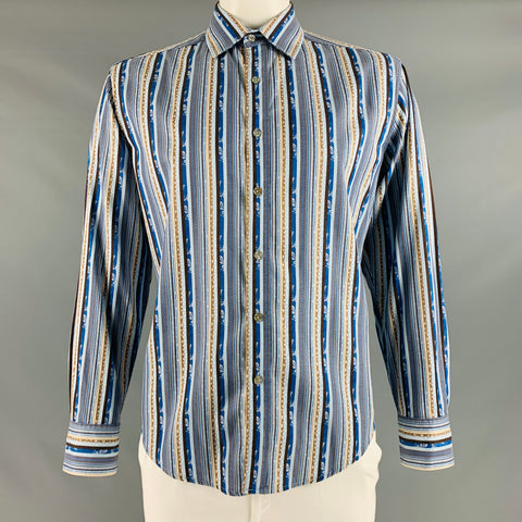 ROBERT GRAHAM Size L Blue Brown Stripe Cotton Button Up Long Sleeve Shirt