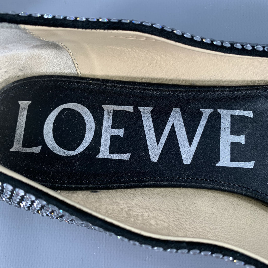 LOEWE Size 11 Silver Black Rhinestone Studded Ballet Flats