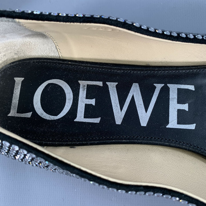 LOEWE Size 11 Silver Black Rhinestone Studded Ballet Flats