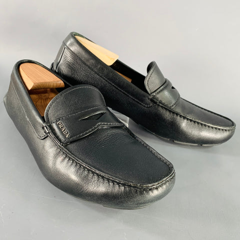 PRADA Size 10.5 Black Saffiano Leather Drivers Penny Loafers