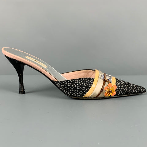 PRADA Size 7.5 Black Multi Color Kimono Floral Mules Pumps