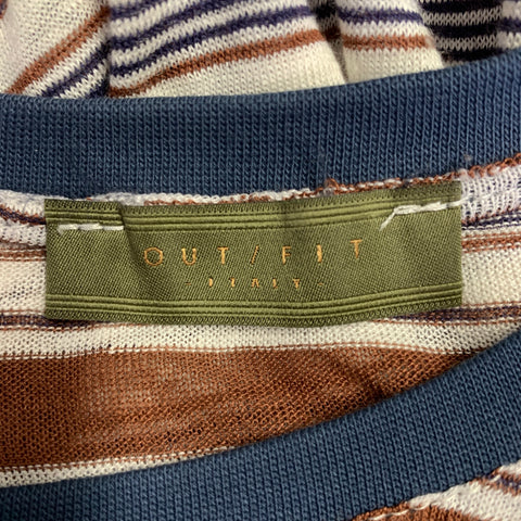 OUT/FIT Size XL Brown White Navy Stripe Linen Crew Neck T-shirt
