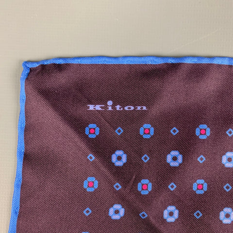 KITON Brown Blue Abstract Floral Silk Pocket Square
