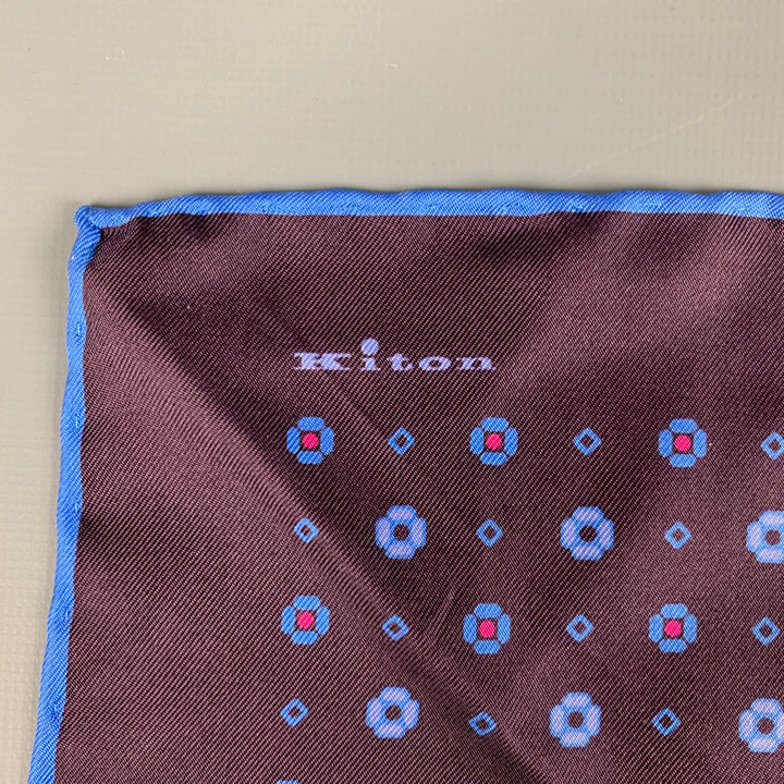 KITON Pañuelo de bolsillo de seda floral abstracto azul marrón