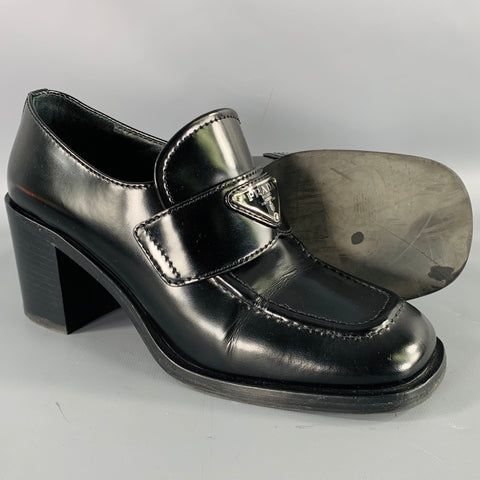PRADA Size 7.5 Black Leather Penny Loafer Pumps
