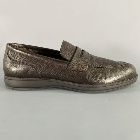 BRIONI Size 10.5 Dark Brown Pebble Grain Leather Penny Loafers