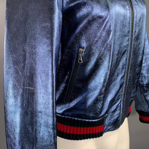 GUCCI Size 36 Blue Metallic Stripe Leather Bomber Jacket
