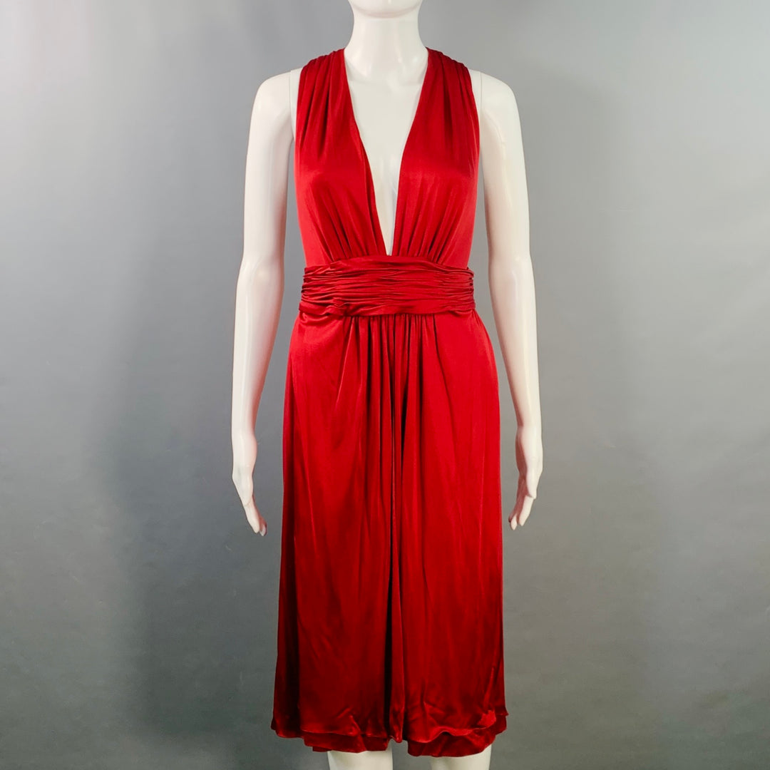 AZZARO Size 6 Woven Venus Red Viscose Plunging V-Neck Knee Length Cock Sui Generis Designer Consignment AZZARO Size 6 Woven Venus Red Viscose Plunging V-Neck Knee Length Cock Sui Generis Designer Consignment