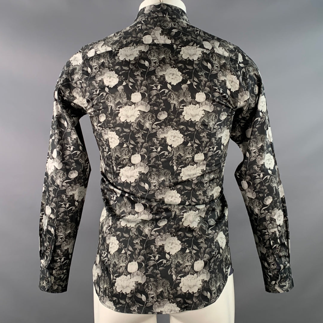 TED BAKER Size XS Stylo Black Grey Floral Leopards Cotton Spread Collar Long Sleeve Shirt