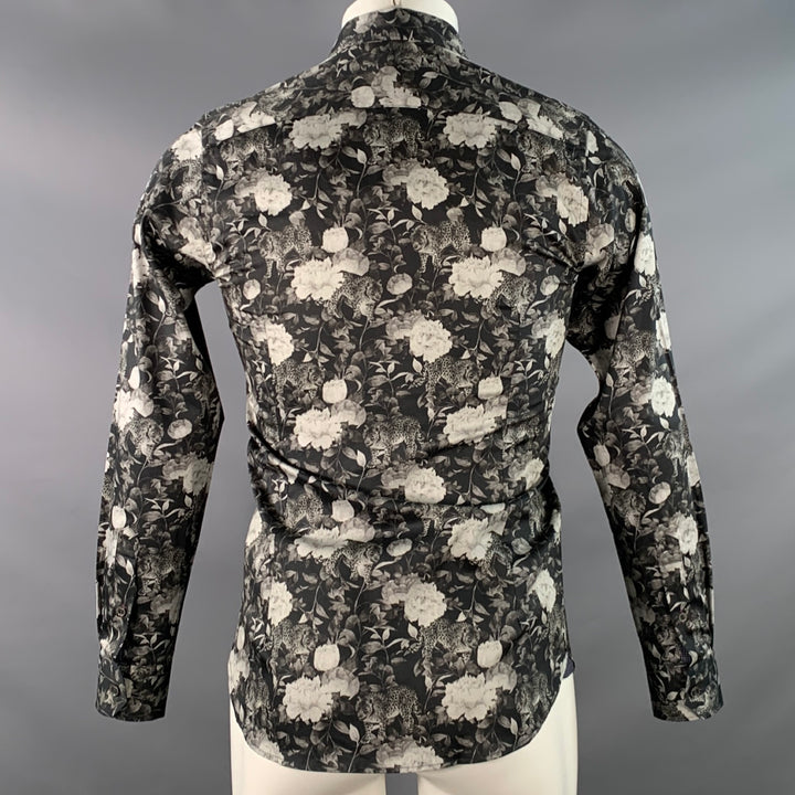TED BAKER Size XS Stylo Black Grey Floral Leopards Cotton Spread Collar Long Sleeve Shirt